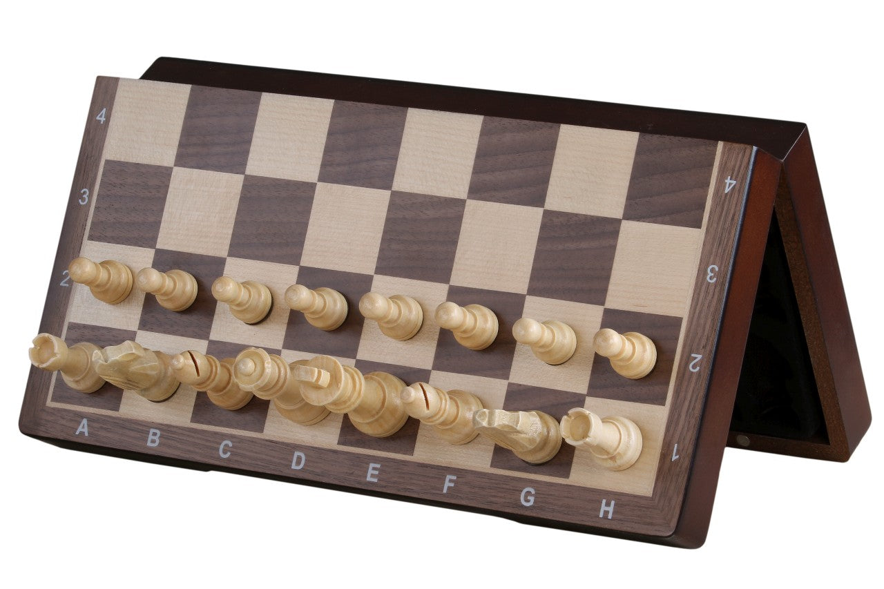 Magnetisches Holzschachbrett 31 cm (Walnuss/Ahorn) mit Intarsien - Magnetisches Holzschachbrett 31 cm (Walnuss/Ahorn) mit Intarsien