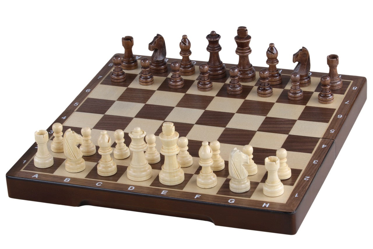Magnetisches Holzschachbrett 31 cm (Walnuss/Ahorn) mit Intarsien - Magnetisches Holzschachbrett 31 cm (Walnuss/Ahorn) mit Intarsien