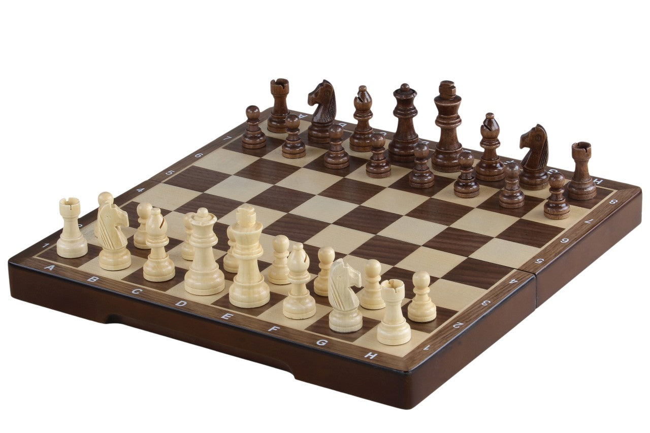 Magnetisches Holzschachbrett 31 cm (Walnuss/Ahorn) mit Intarsien - Magnetisches Holzschachbrett 31 cm (Walnuss/Ahorn) mit Intarsien