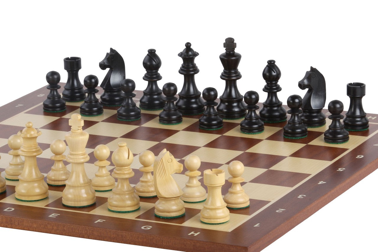 Échiquier avec coordonnées en marqueterie de bois d'acajou et sycomore + Pièces d'échecs Timeless Ebonized - Ensemble de taille 6 - Échiquier avec coordonnées en marqueterie de bois d'acajou et sycomore + Pièces d'échecs Timeless Ebonized - Ensemble de taille 6