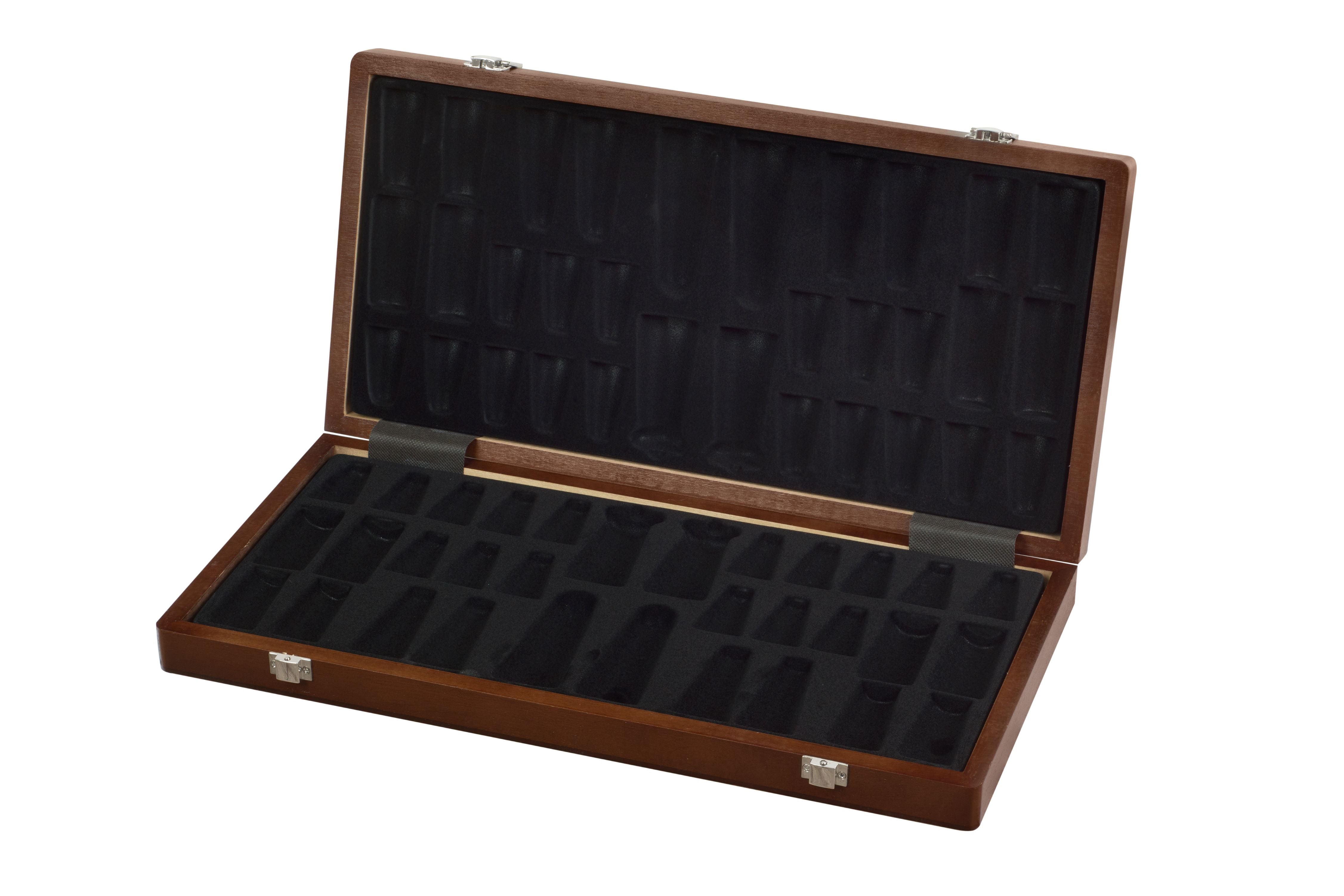 Estuche con incrustaciones de nogal / arce para piezas de ajedrez con altura de rey de hasta 90-96 mm - Estuche con incrustaciones de nogal / arce para piezas de ajedrez con altura de rey de hasta 90-96 mm