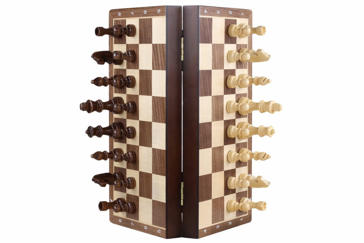 Magnetisches Holzschachbrett 31 cm (Walnuss/Ahorn) mit Intarsien - Magnetisches Holzschachbrett 31 cm (Walnuss/Ahorn) mit Intarsien