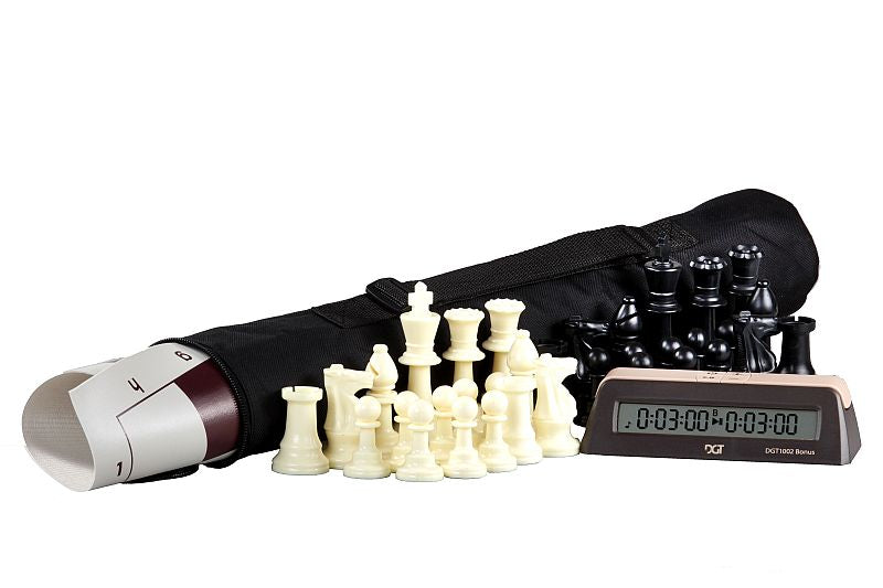 Juego de ajedrez en bolsa: piezas de plástico DCP03G (rey de 96 mm) + tablero enrollable de 57 mm + reloj de ajedrez DGT 1002 + bolsa - Juego de ajedrez en bolsa: piezas de plástico DCP03G (rey de 96 mm) + tablero enrollable de 57 mm + reloj de ajedrez DGT 1002 + bolsa
